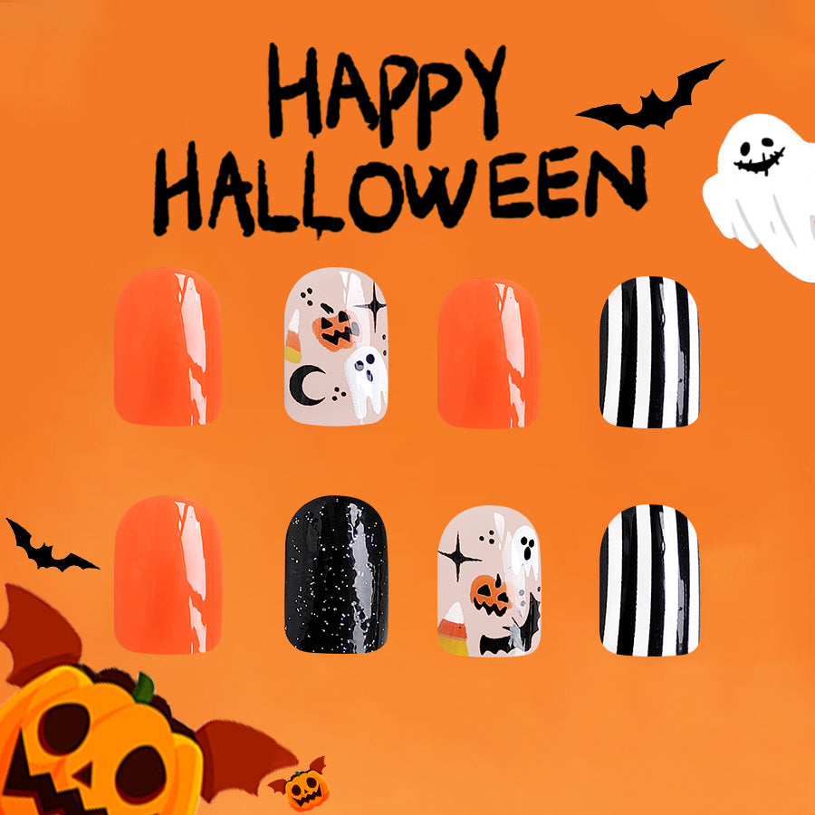 No.AW18 Halloween Short Ghost Striped Pumpkin Bat Fingernails Patch 24pcs/Set