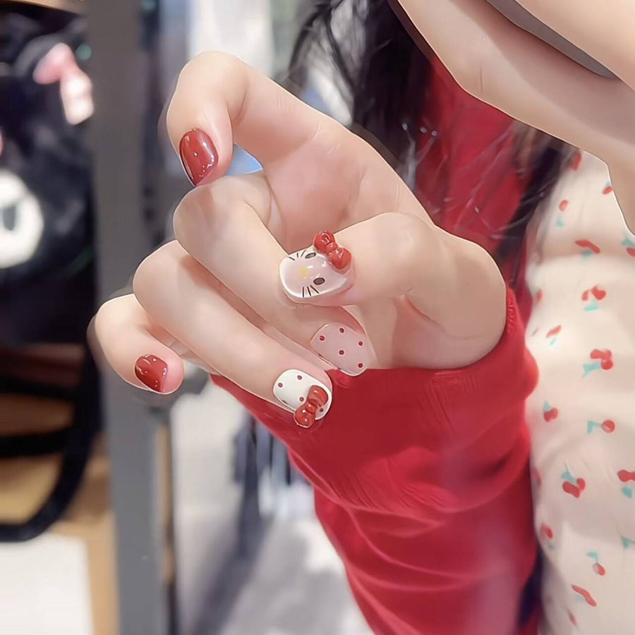 No.FP4 10pcs Cute Hello Kitty Handmade Press-On Fingernails