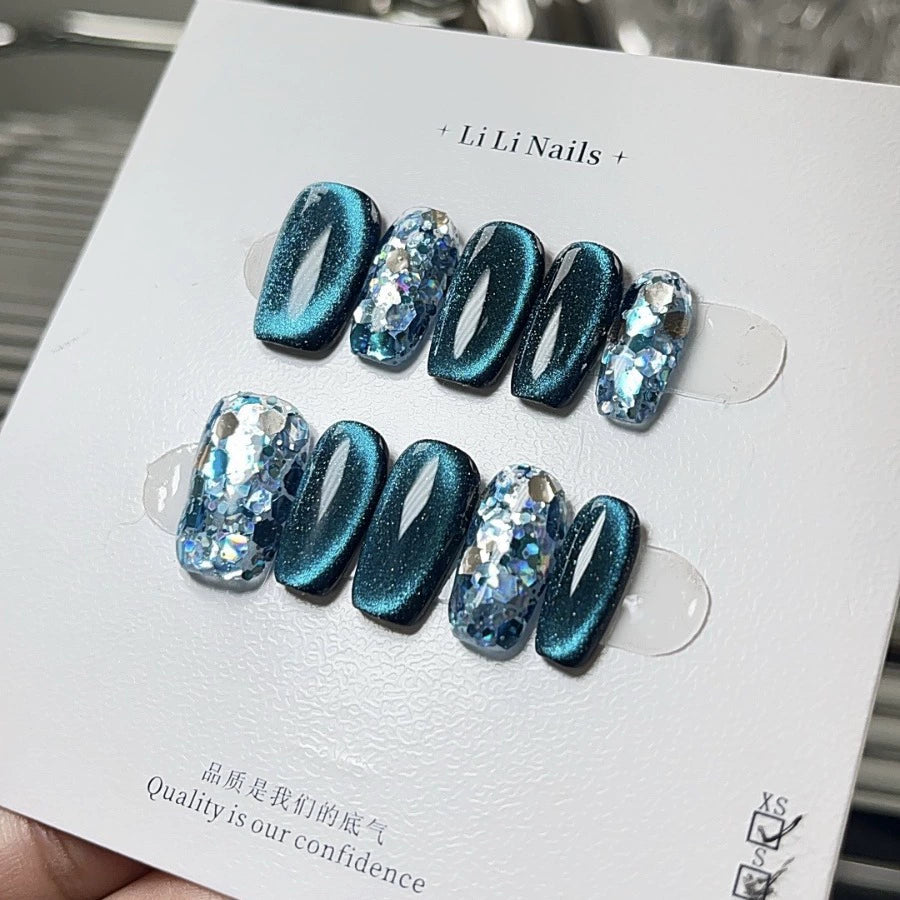 No.FP17 10pcs Blue Cat's Eye Press-On Fingernails