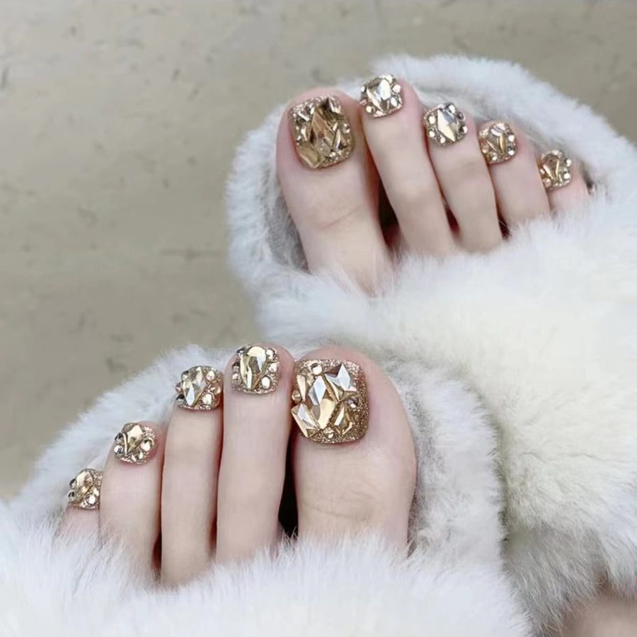 Champagne Large Rhinestone Toe Nails 24pcs/Set