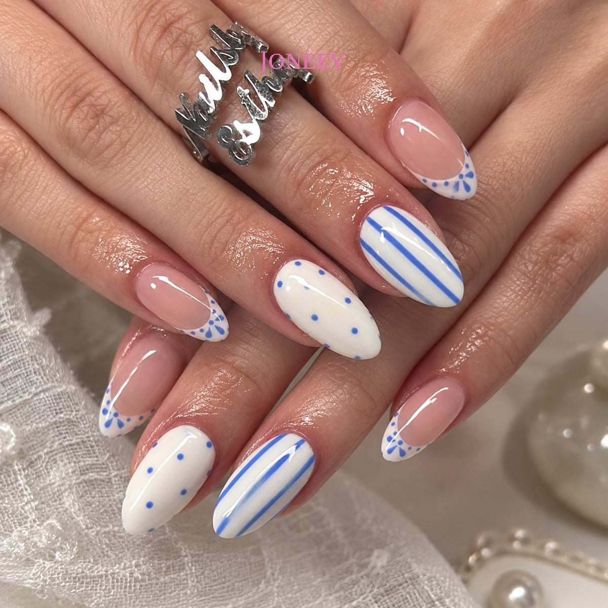 No.F744 Blue Polka Dots Fingernails Patch 24pcs/Set