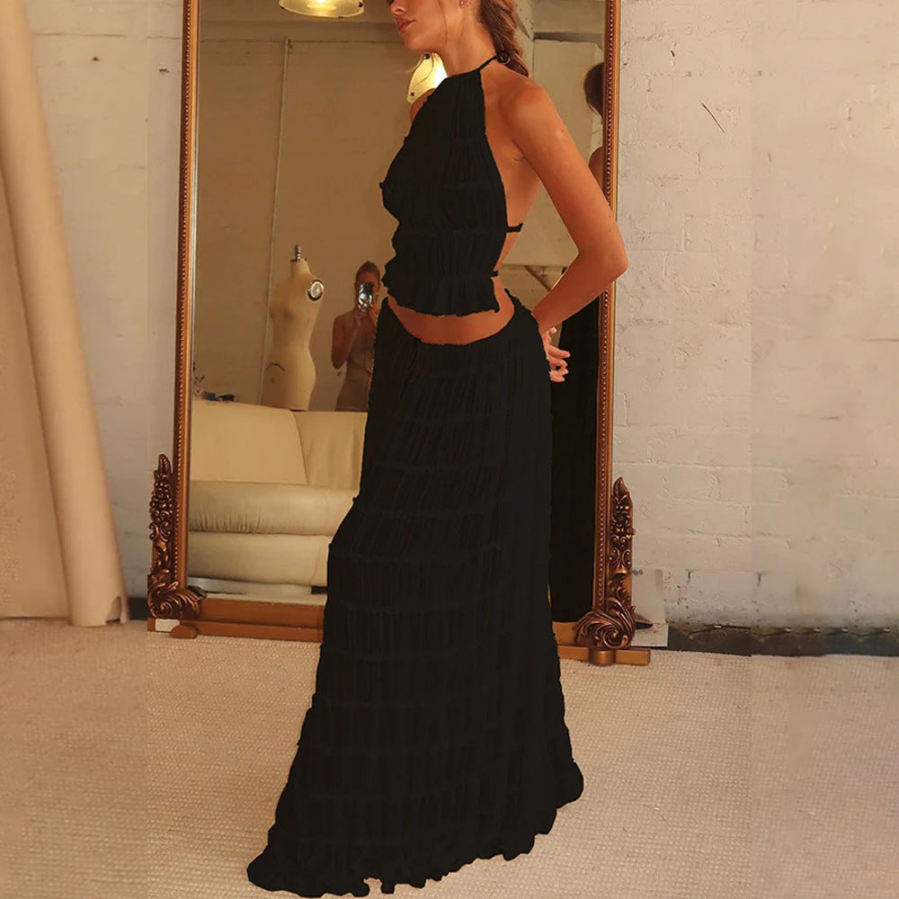 Halterneck Backless Pleated Tiered Skirt Two-piece Set