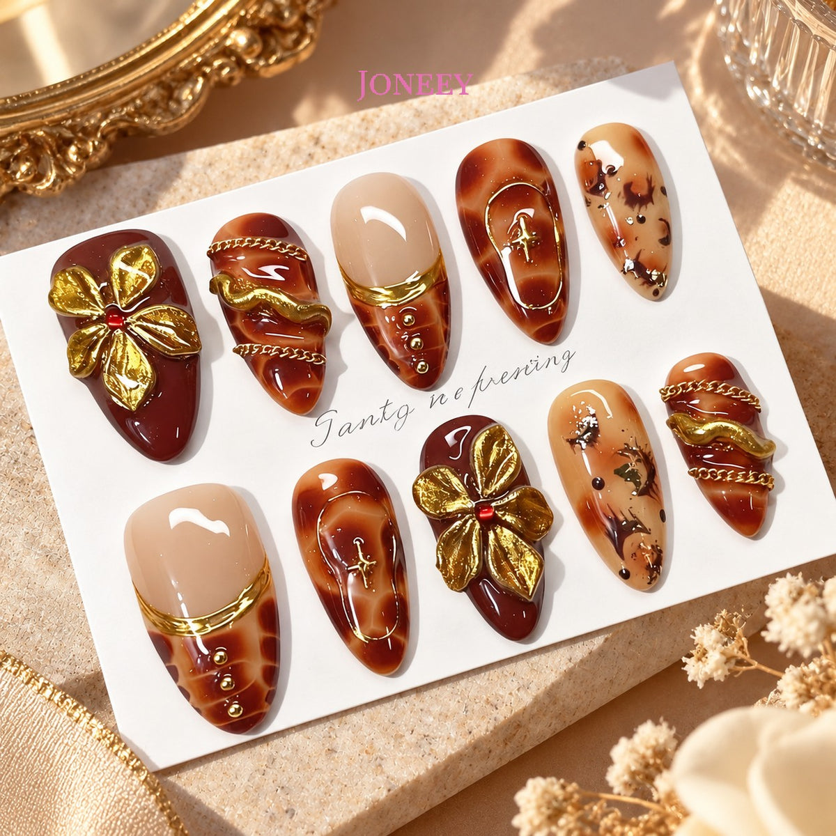 No.F828 Brown Flower Fingernails Patch 24pcs/Set