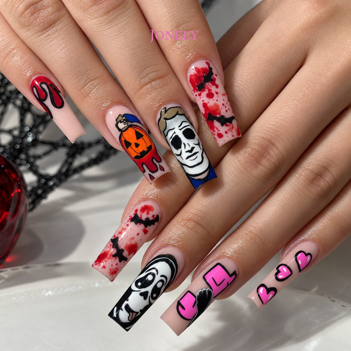 No.AW85 Halloween Bat Heart Fingernails Patch 24pcs/Set