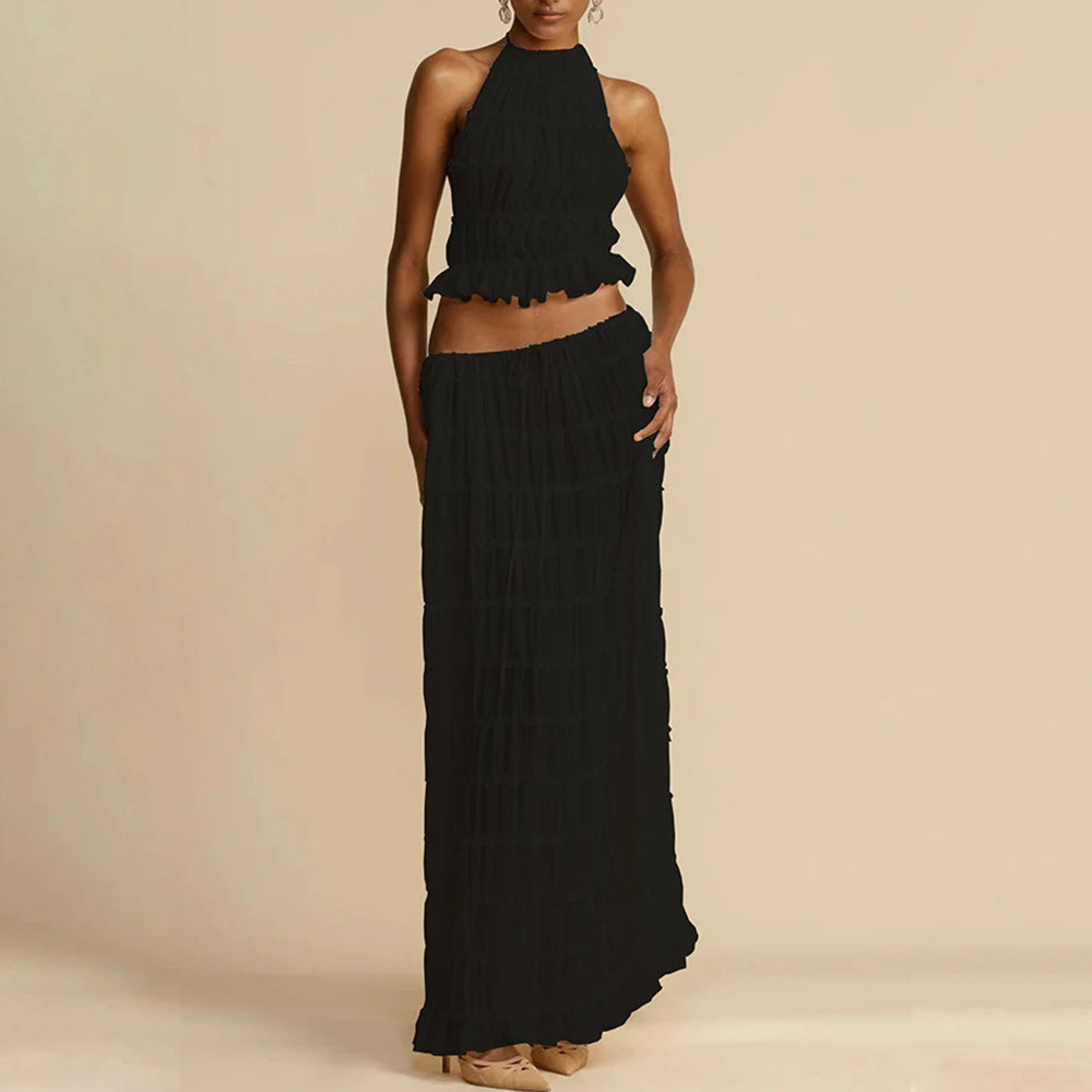 Halterneck Backless Pleated Tiered Skirt Two-piece Set