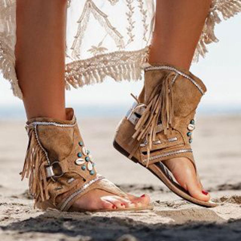 Sandalias de playa planas boho con cuentas y flecos para mujer 