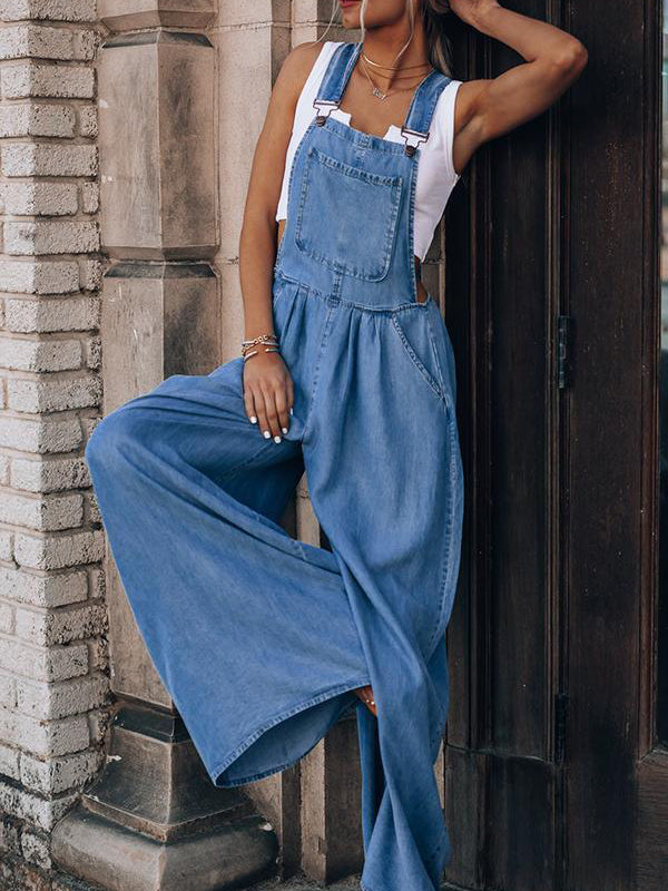 Wide Leg Denim Overalls Jumpsuit