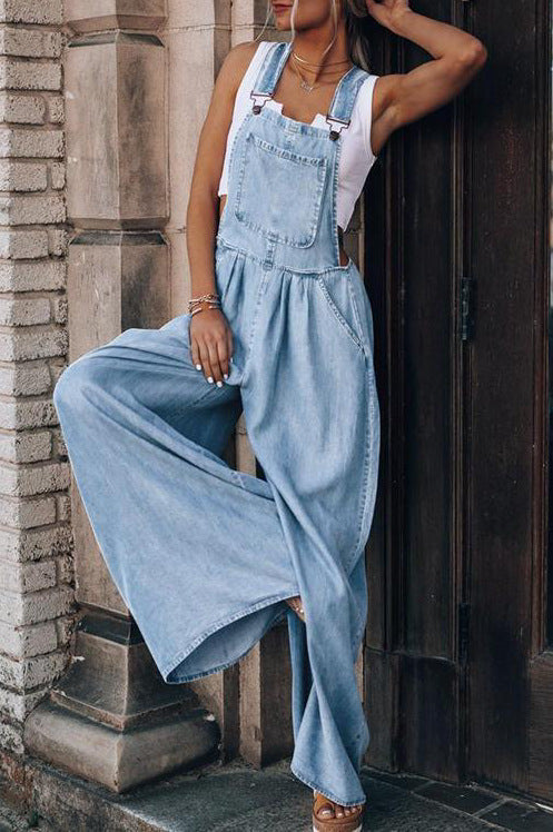 Wide Leg Denim Overalls Jumpsuit