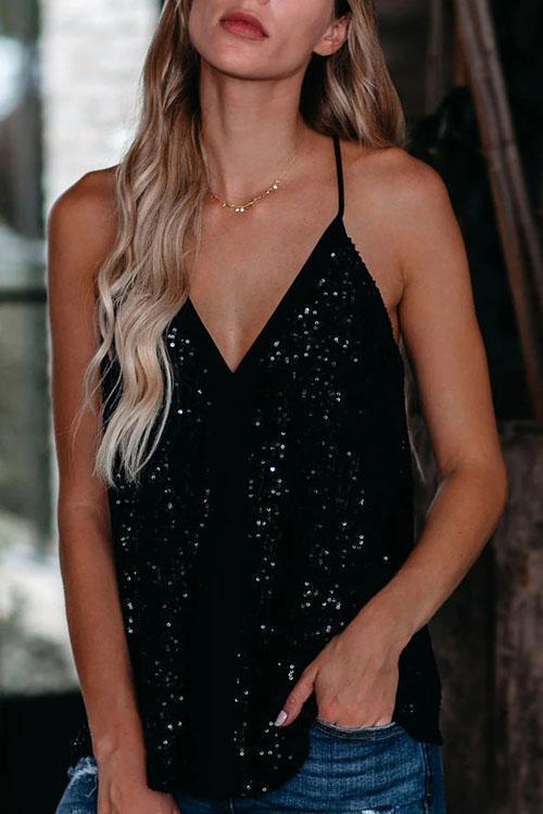 Sexy Sequin Deep V Suspender Vest Top