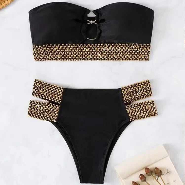 Traje de baño de bikini sexy vinculado con anillo de bloque de color