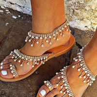 Sandalias de tacón plano con perlas y hebilla boho 