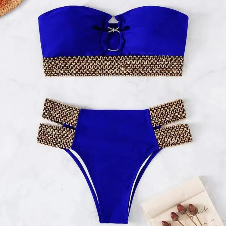 Traje de baño de bikini sexy vinculado con anillo de bloque de color