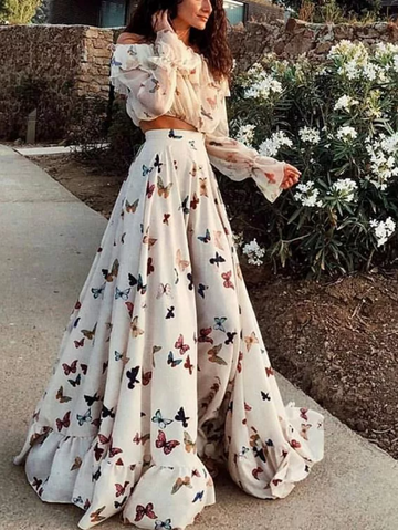 Sexy Off Shoulder Butterflies Floral Printed Two-Piece Set