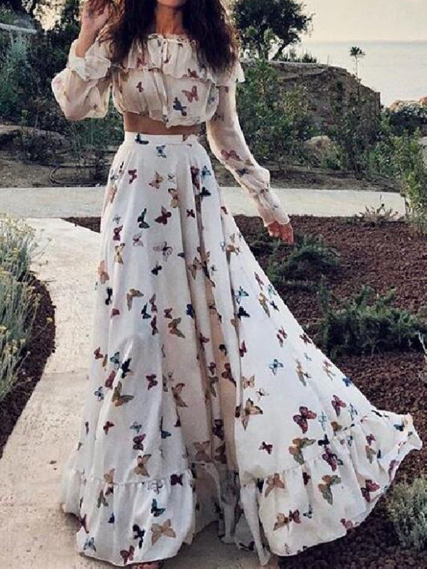 Sexy Off Shoulder Butterflies Floral Printed Two-Piece Set