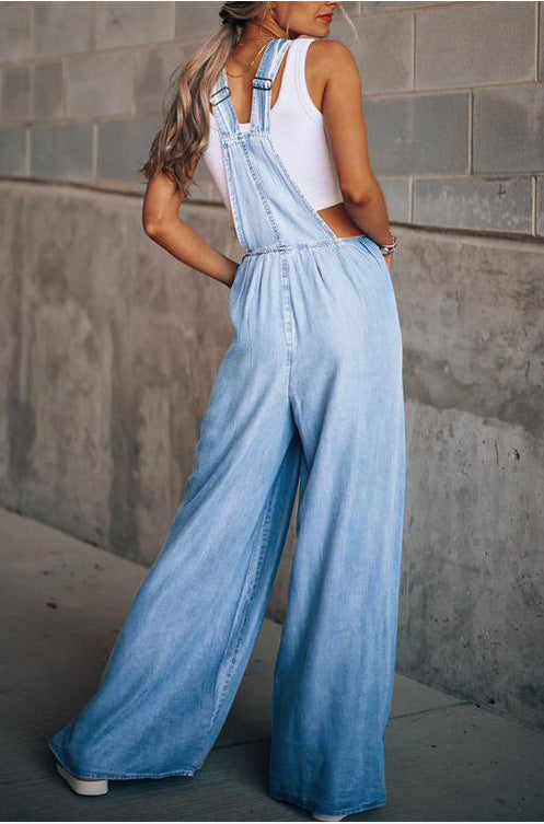 Wide Leg Denim Overalls Jumpsuit