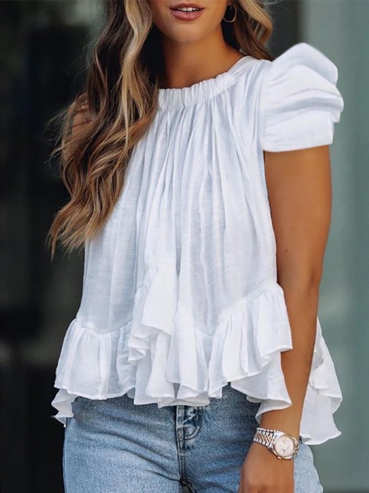 Puff Sleeve Ruffle Hem Ruched Blouse