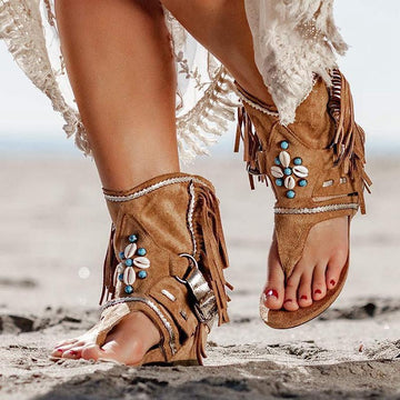 Sandalias de playa planas boho con cuentas y flecos para mujer 