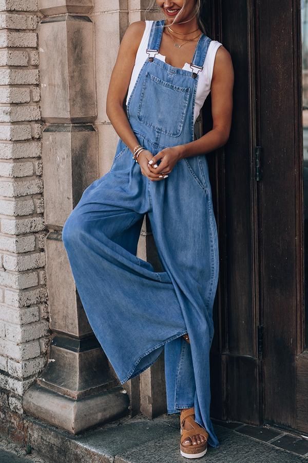 Wide Leg Denim Overalls Jumpsuit