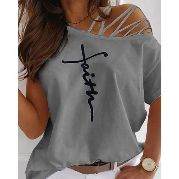 Letter Print Cutout Strappy Short Sleeve T-shirt