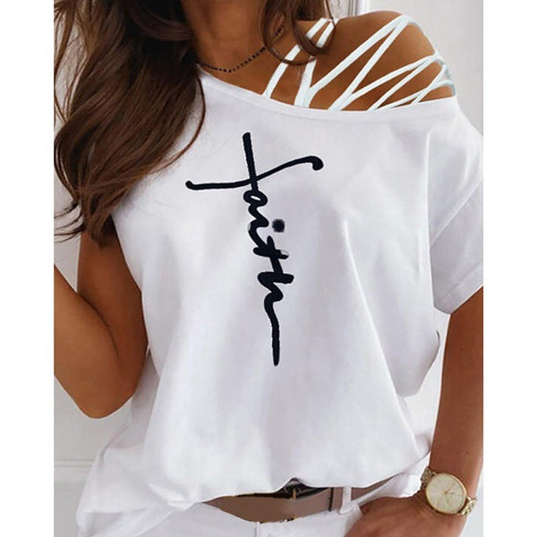 Letter Print Cutout Strappy Short Sleeve T-shirt