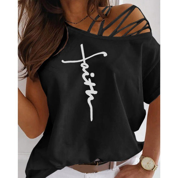 Letter Print Cutout Strappy Short Sleeve T-shirt