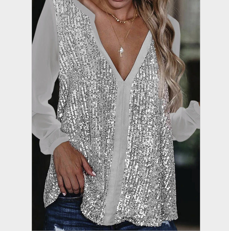 V Neck Sequined Tailored Blouse