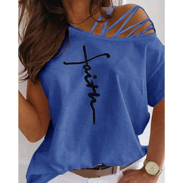 Letter Print Cutout Strappy Short Sleeve T-shirt