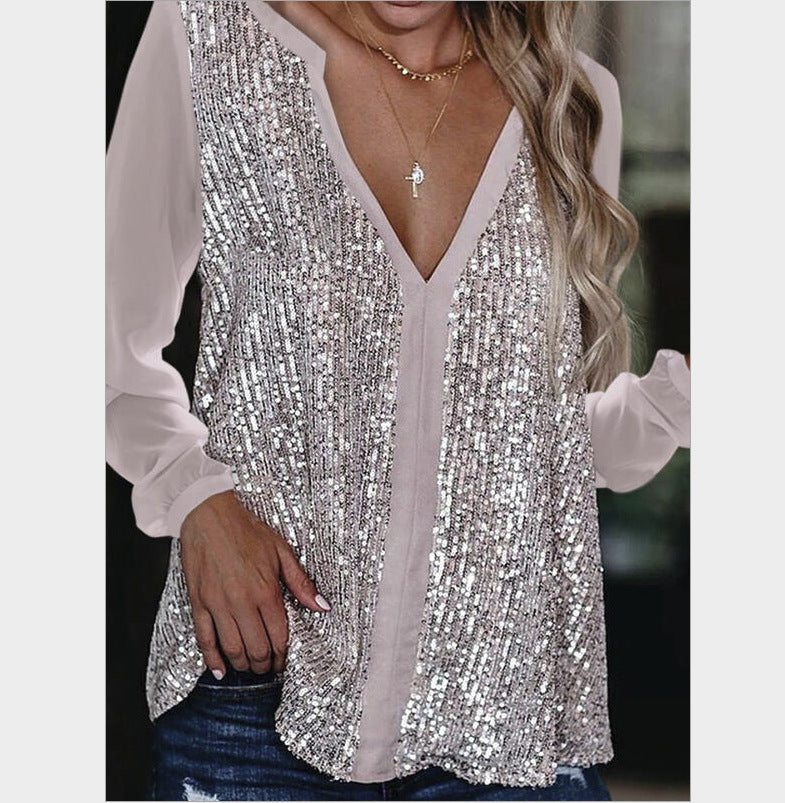 V Neck Sequined Tailored Blouse