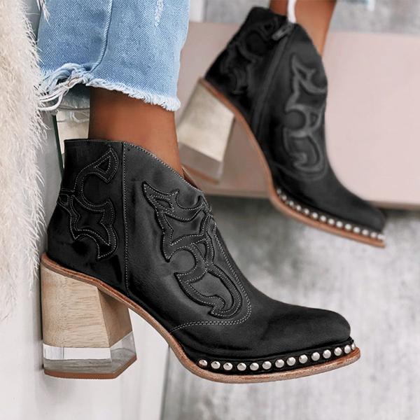 Women Rivet Welt Acrylic Heel Boots