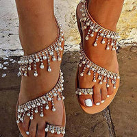 Sandalias de tacón plano con perlas y hebilla boho 