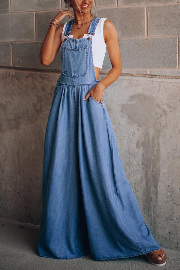 Wide Leg Denim Overalls Jumpsuit