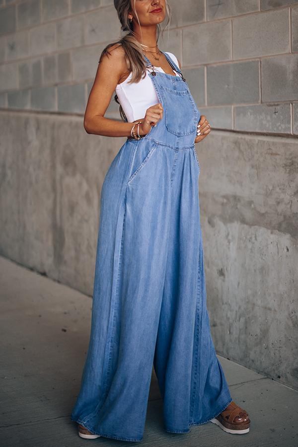 Wide Leg Denim Overalls Jumpsuit