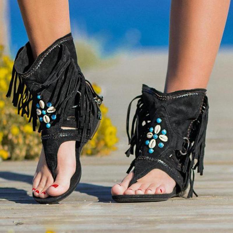 Sandalias de playa planas boho con cuentas y flecos para mujer 