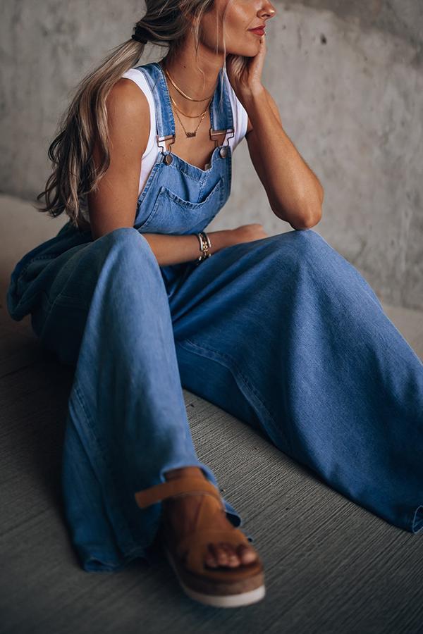 Wide Leg Denim Overalls Jumpsuit