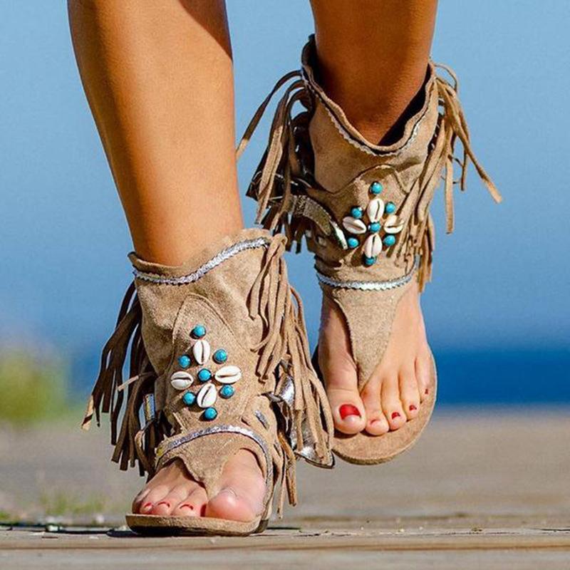 Women Fringe Beaded Boho Flat Beach Sandals