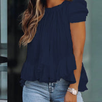 Puff Sleeve Ruffle Hem Ruched Blouse