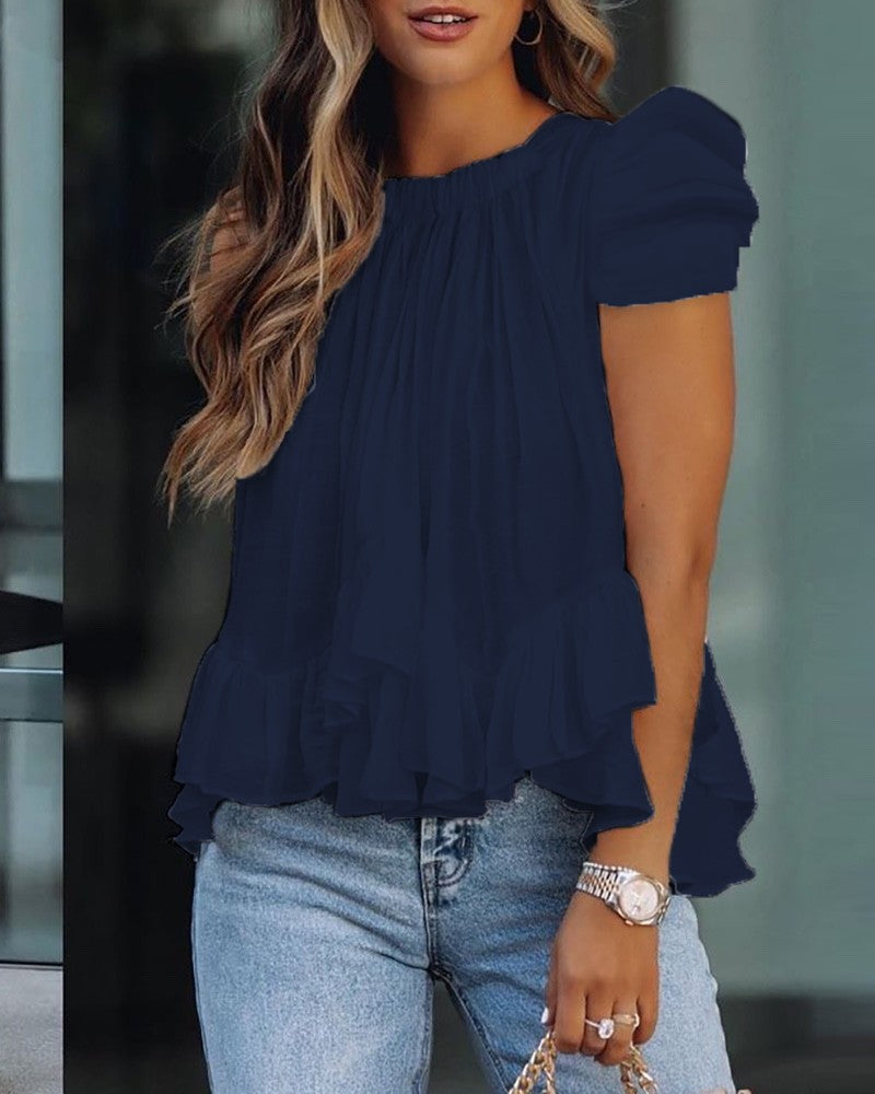 Puff Sleeve Ruffle Hem Ruched Blouse