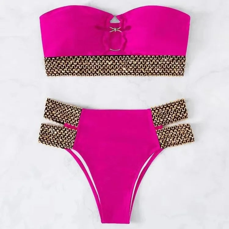 Color Block Ring Linked Sexy Bikini Swimsuit