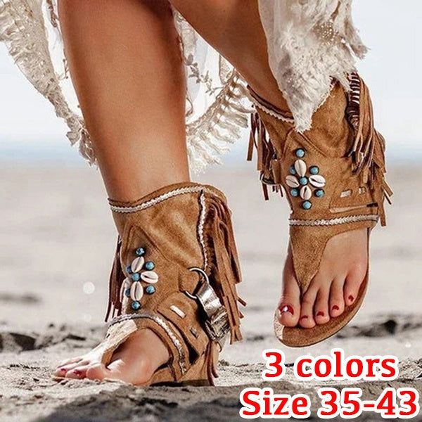 Sandalias de playa planas boho con cuentas y flecos para mujer 