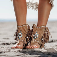 Sandalias de playa planas boho con cuentas y flecos para mujer 