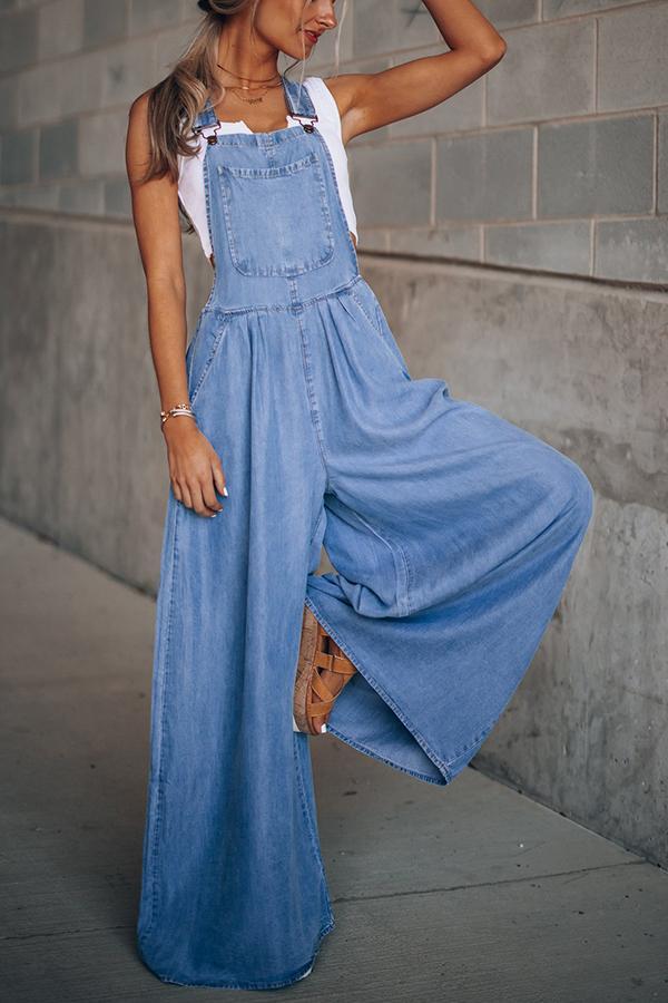 Wide Leg Denim Overalls Jumpsuit