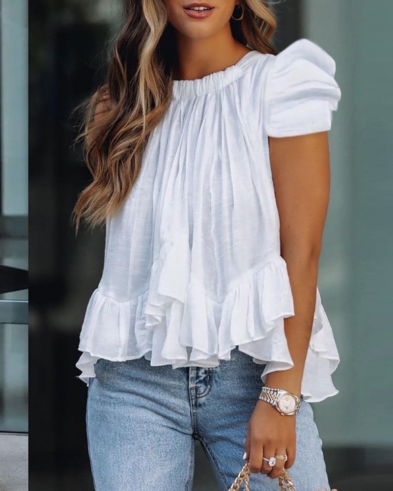 Puff Sleeve Ruffle Hem Ruched Blouse