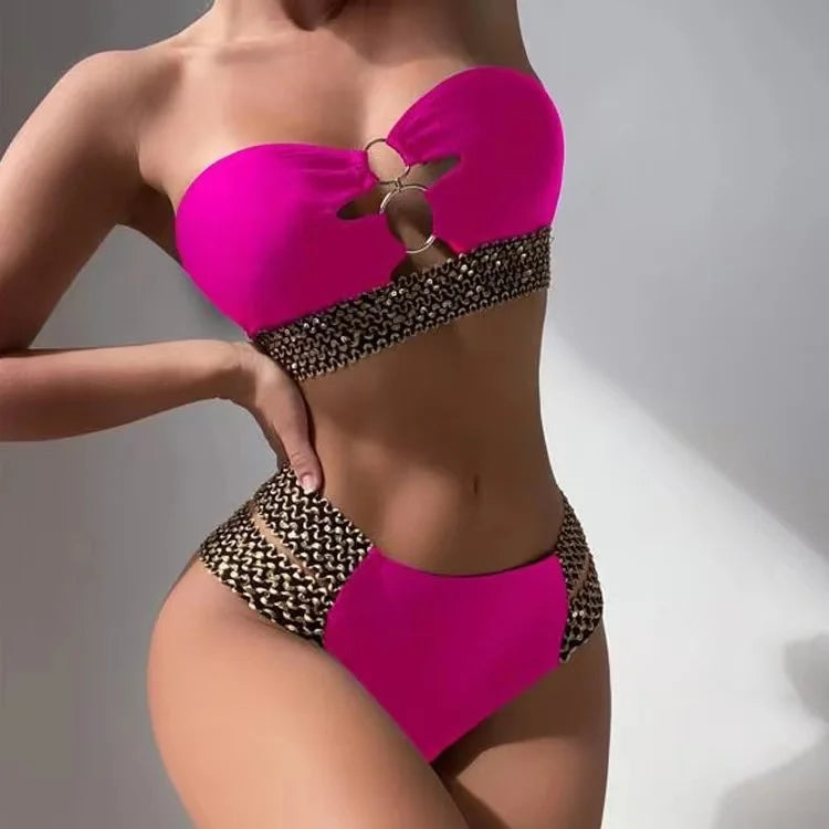 Traje de baño de bikini sexy vinculado con anillo de bloque de color